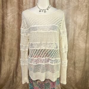 Crochet Knit Lace Sweater Patchwork Floral Mesh Cream Long Sleeve Coquette Boho